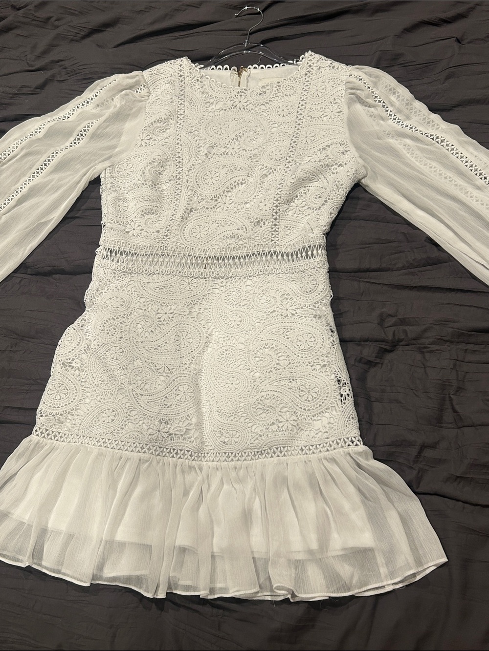 Aura White Lace Long-Sleeve Ruffle-Hem Dress - Picture 14 of 16